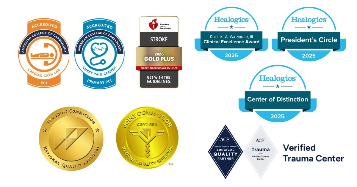 Accolade Awards 2025-2026 Accredited chest pain, cath lab, stroke, healogic clinical excellence, presidents choice, center of distinction, joint commission certified and verified trauma center awards